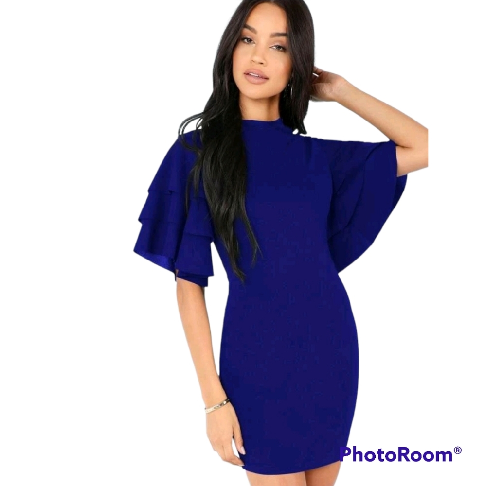 New without tags SHEIN Royal Blue Tiered Flounce Sleeve Bodycon Dress Sz  S